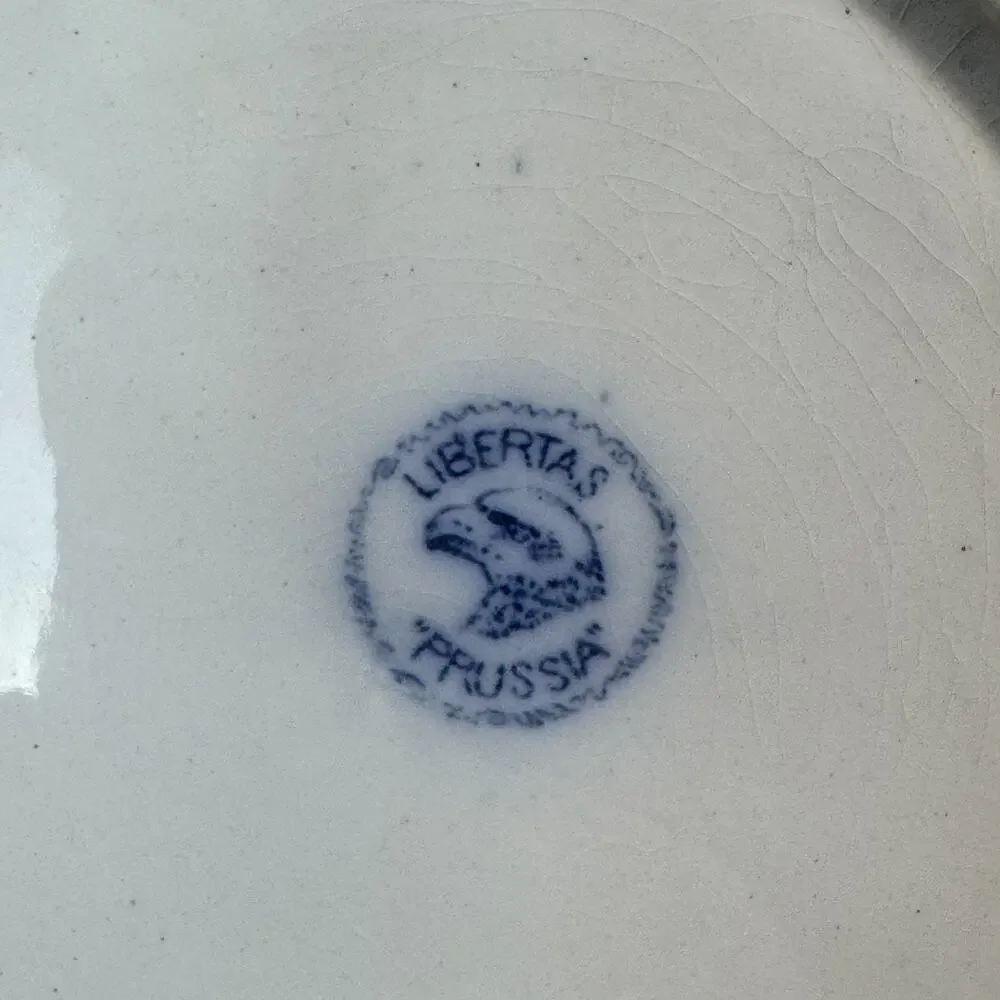 Antique Libertas Prussia Cobalt Flow Blue Serving Bowl Flower Scalloped White